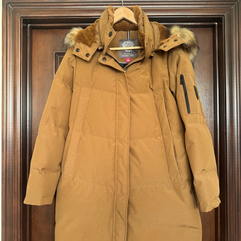 Vince Camuto Tan Fur-Trimmed Puffer Coat